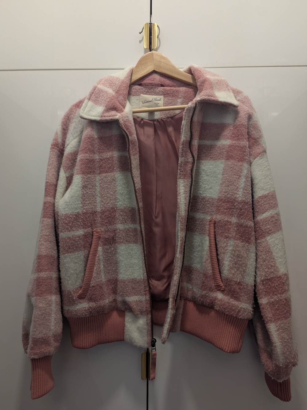 Universal Thread Pink and Cream Checked Bomber Jacket Size Small